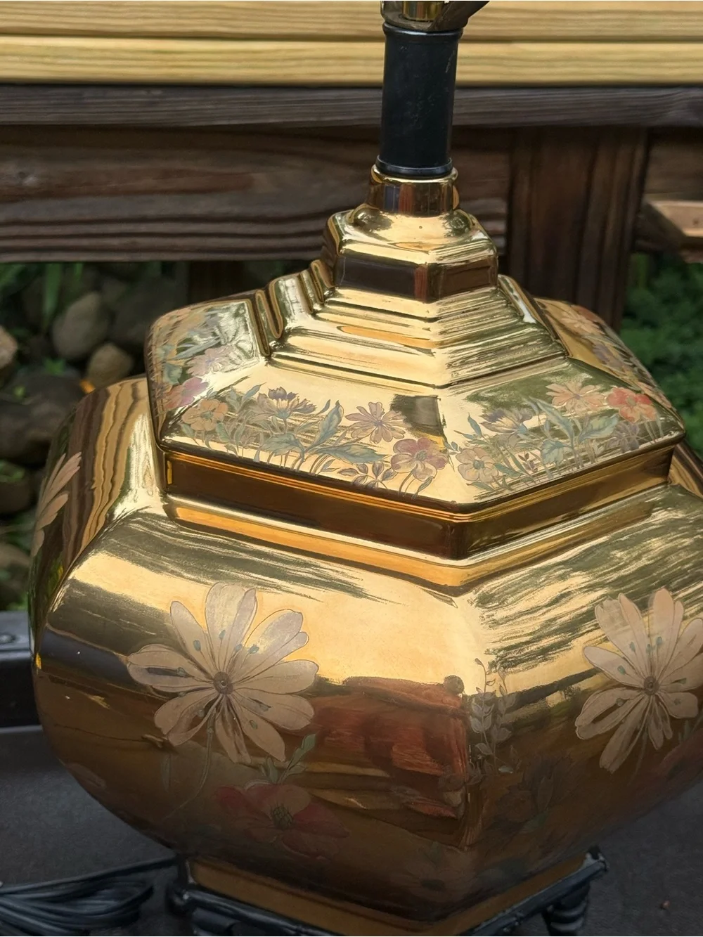 Vintage Solid Cast Brass Chinoiserie Ginger Jar Table Lamp hand painted flowers